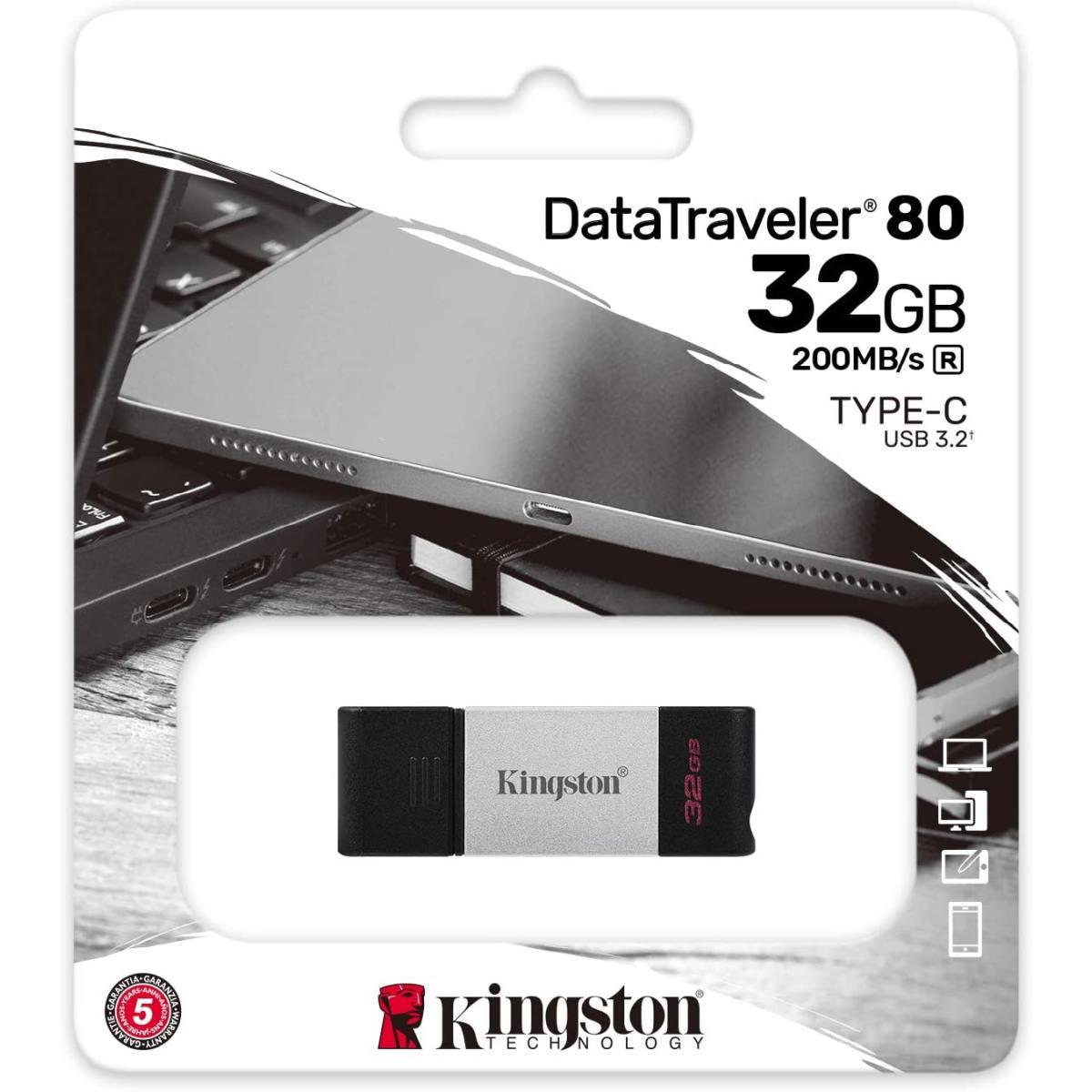 Pendrive Kingston DataTraveler 80 USB Tipo C Flash Drive 32GB - USB-C 3.2 Gen 1 - 200 MB/s Lettura - Con Cover - Design in Metallo