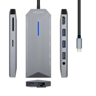Aisens Dock 9 in 1 Hub USB-C 3.0 con 3x USB-A 3.0, 1x HDMI 1x RJ45, 1x PD 100W, 1x audio da 3,5 mm, 1x lettore SD, 1x lettore MicroSD - Custodia in alluminio - Cavo da 0,15 m