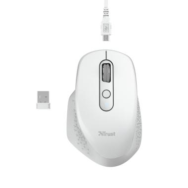 Mouse wireless ricaricabile Trust Ozaa 2400 dpi - 5 pulsanti - Scorrimento verticale e orizzontale - Ergonomico - Utilizzo per destrimani - Colore Bianco