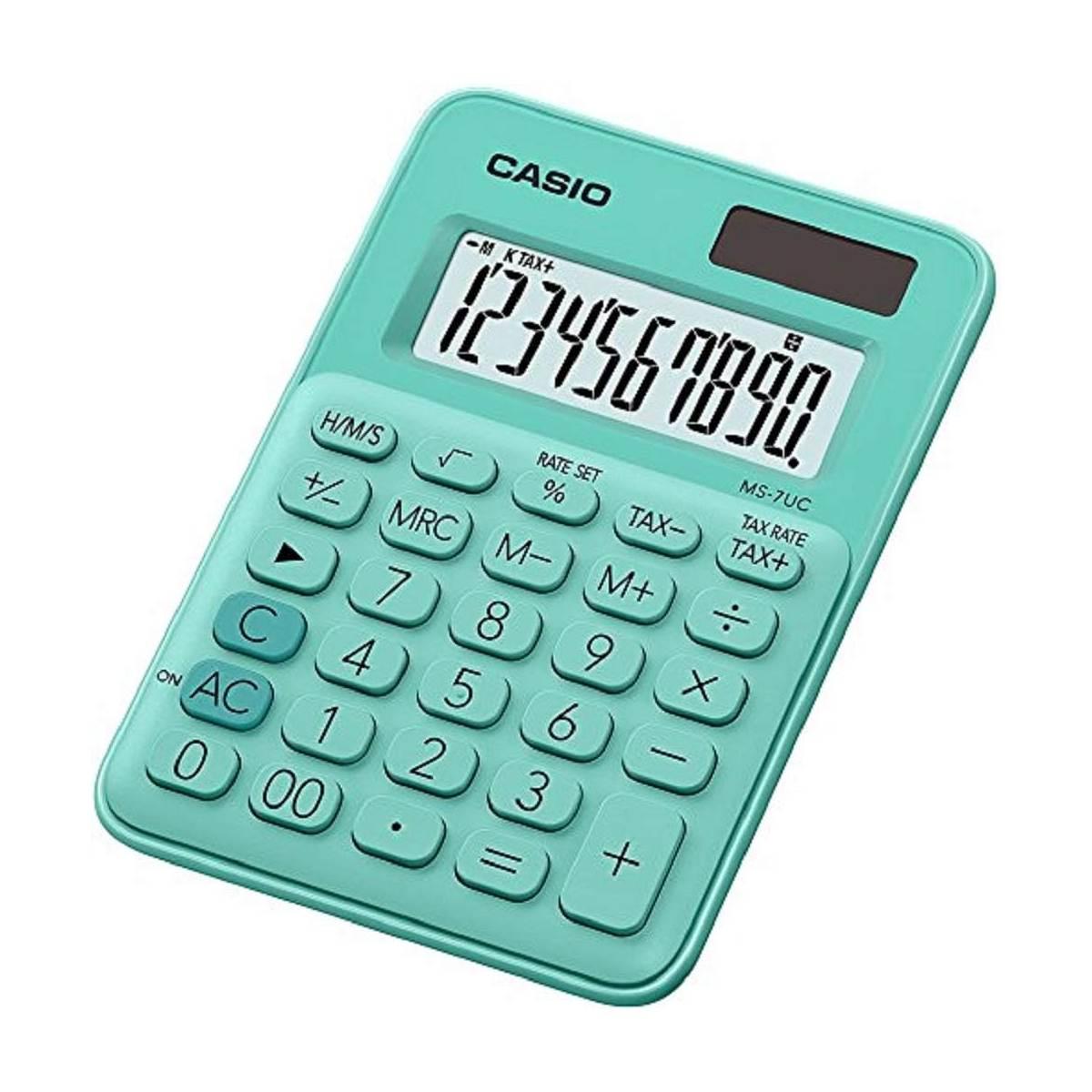 Calcolatrice Casio MS-7UC - Doppio zero - Schermo LCD a 10 cifre - Solare e batterie - Colore verde
