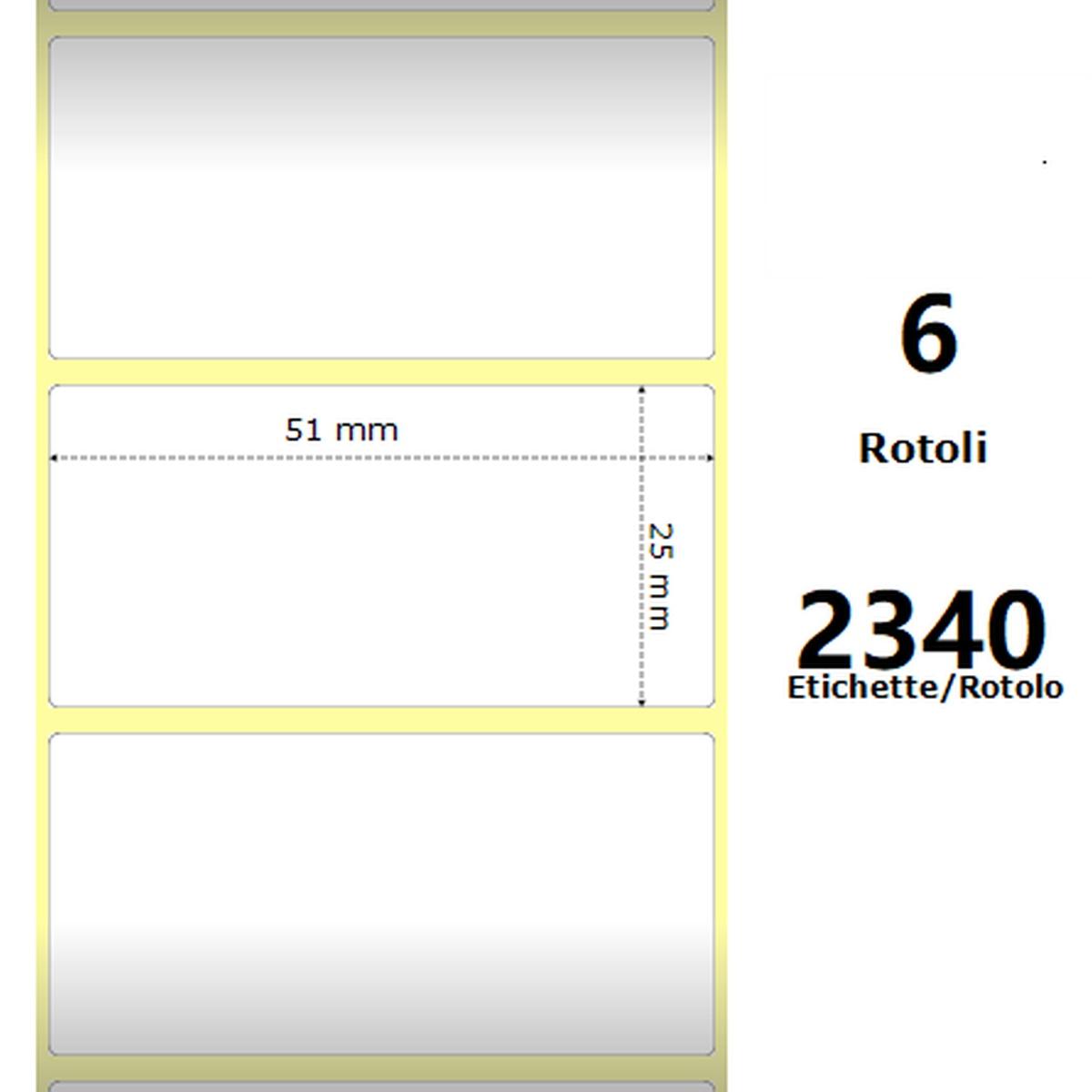Etichette Compatibili per ZEBRA Bianco 51x25mm, 2340 Et/Rotolo Z-2000D 2x1x1 Core, 6 rotoli