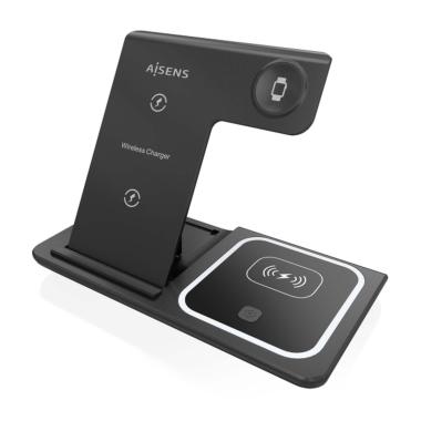Caricabatterie wireless USB-C 3 in 1 Aisens da 15 W per dispositivi mobili - Apple Watch - Auricolari con custodia di ricarica - Nero