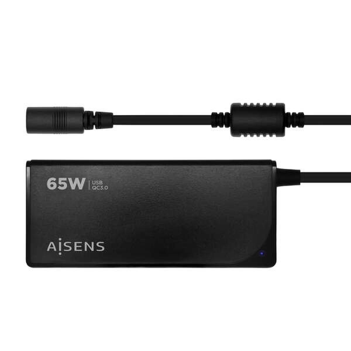 Caricabatterie universale automatico multitensione per laptop Aisens da 65 W con 9 connettori + USB-A QC 3.0 - Nero