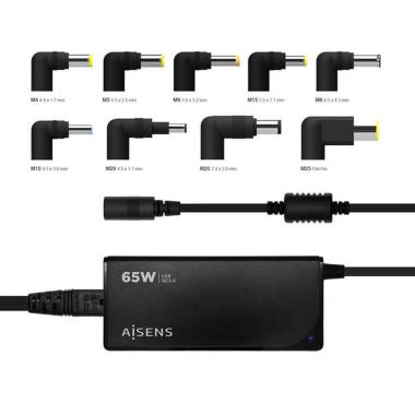 Caricabatterie universale automatico multitensione per laptop Aisens da 65 W con 9 connettori + USB-A QC 3.0 - Nero