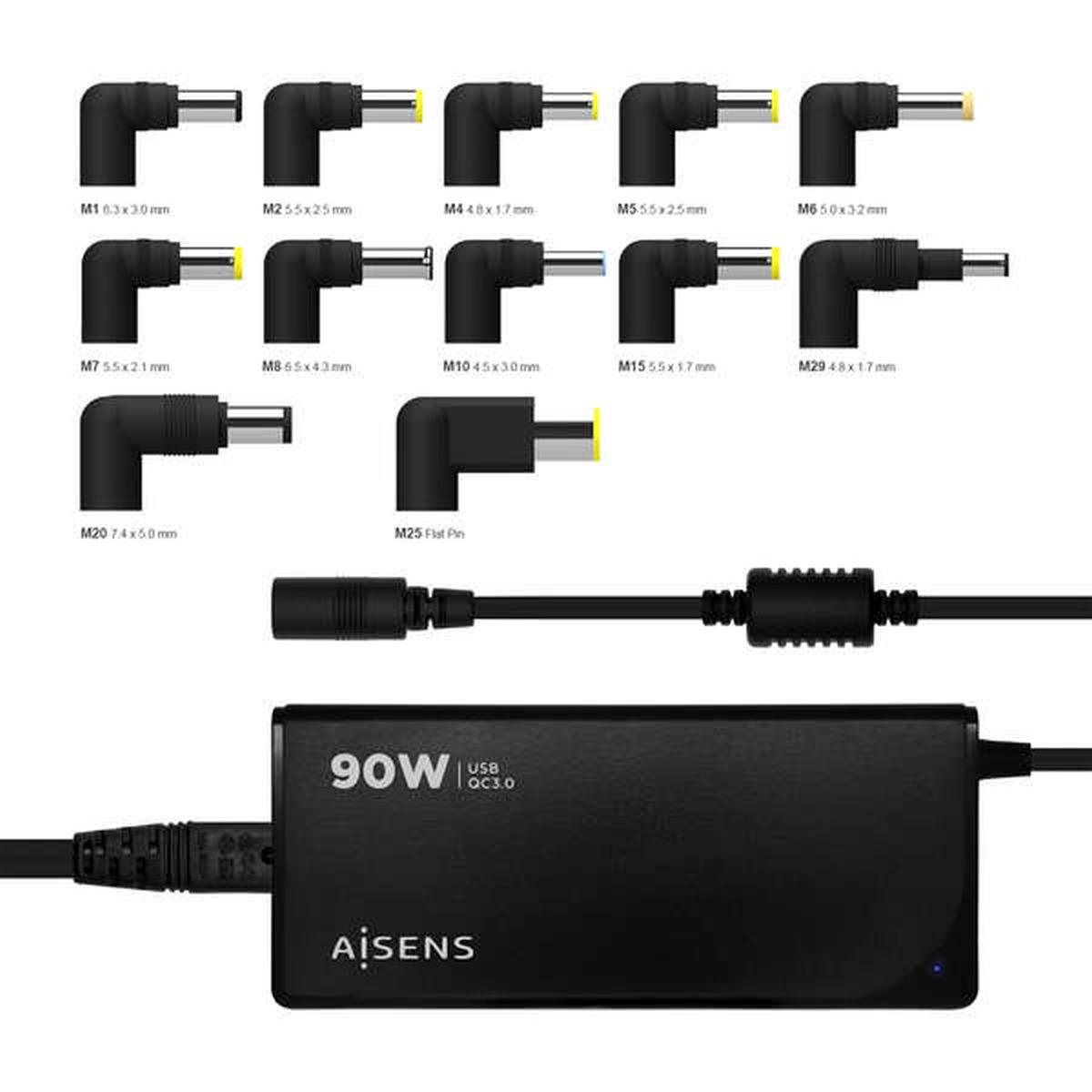 Caricabatterie universale automatico multitensione per laptop Aisens da 90W con 9 connettori + USB-A QC 3.0 - Nero