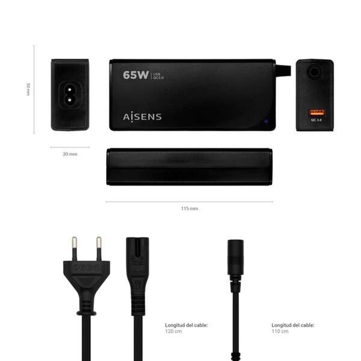 Caricabatterie universale automatico multitensione per laptop Aisens da 90W con 9 connettori + USB-A QC 3.0 - Nero