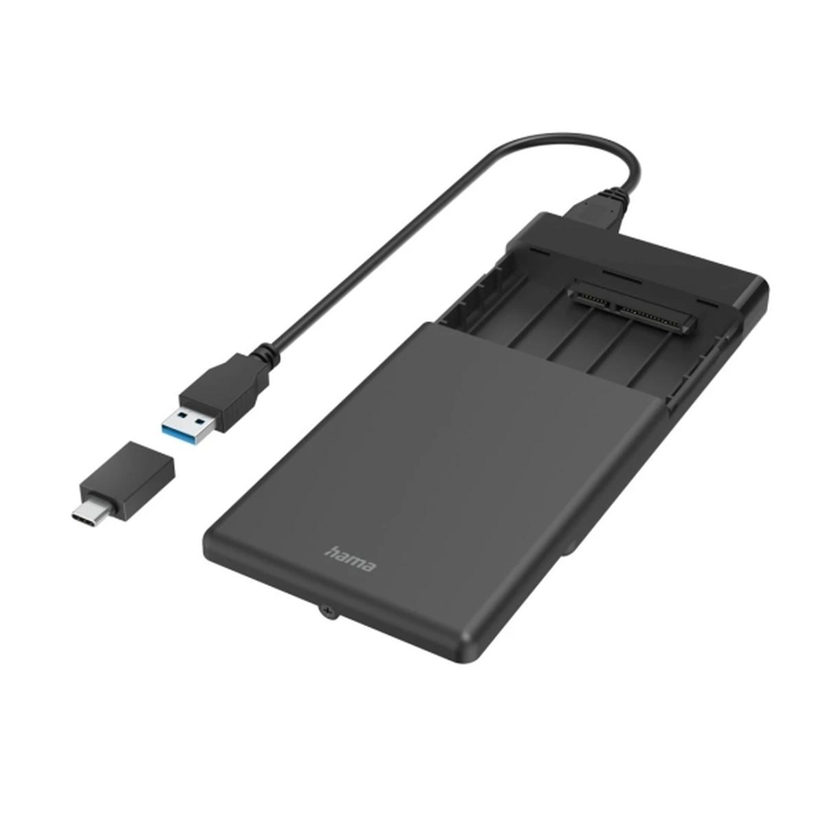 Box esterno Hama Essential per SSD e HDD da 2,5" - Cavo USB-A da 50 cm - Velocità fino a 5 Gbps - Adattatore USB-C - 13,3 x 8,7 x 1,6 cm - Nero