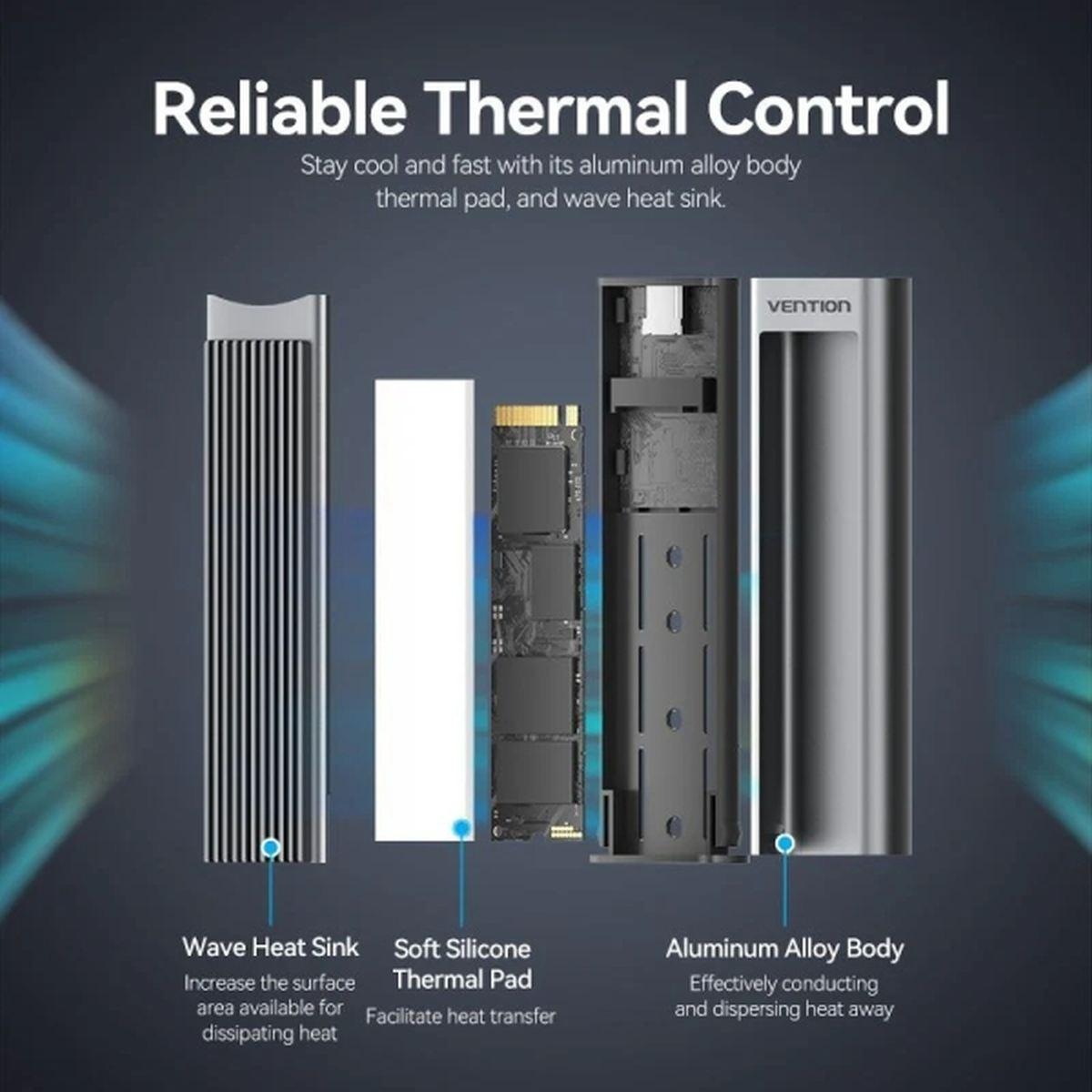 Box esterno Vention per SSD M.2 NVMe - Dissipatore di calore - USB 3.1 - Velocità fino a 10 Gbps - Alluminio - Modalità di sospensione automatica - Grigio