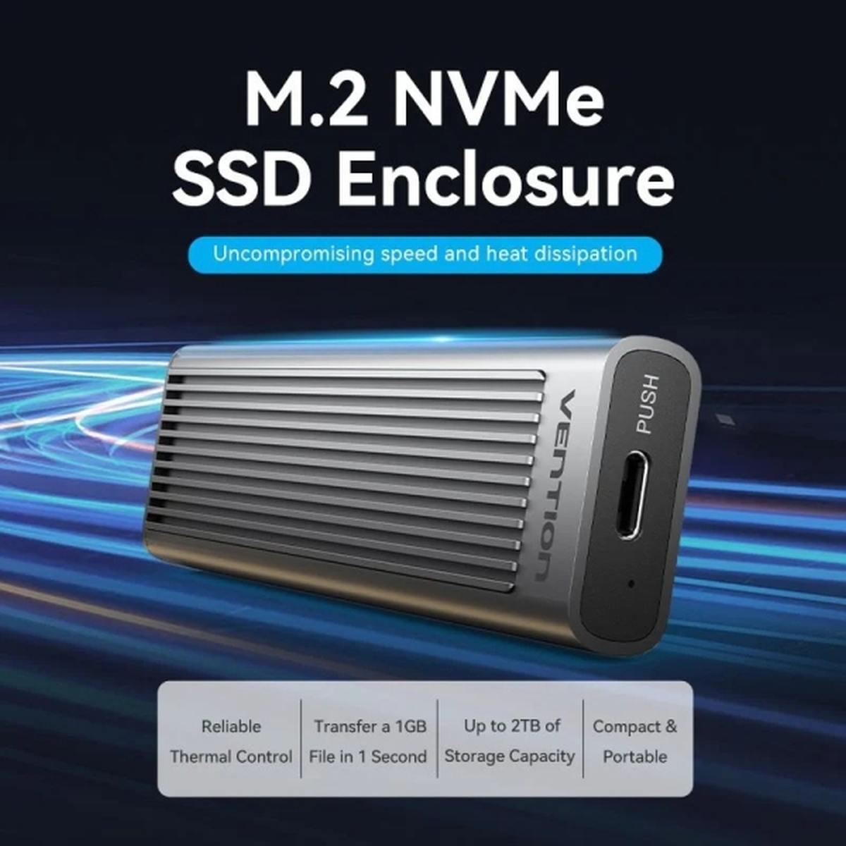 Box esterno Vention per SSD M.2 NVMe - Dissipatore di calore - USB 3.1 - Velocità fino a 10 Gbps - Alluminio - Modalità di sospensione automatica - Grigio
