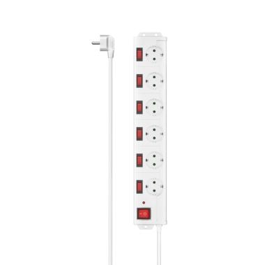 Multipresa Hama con 6 prese - Potenza massima 3680W - Cavo da 1,4 m - Tensione 250V - Interruttori master e individuali - Spina Schuko angolata - 7,2x4,1x42,3 cm - Bianca