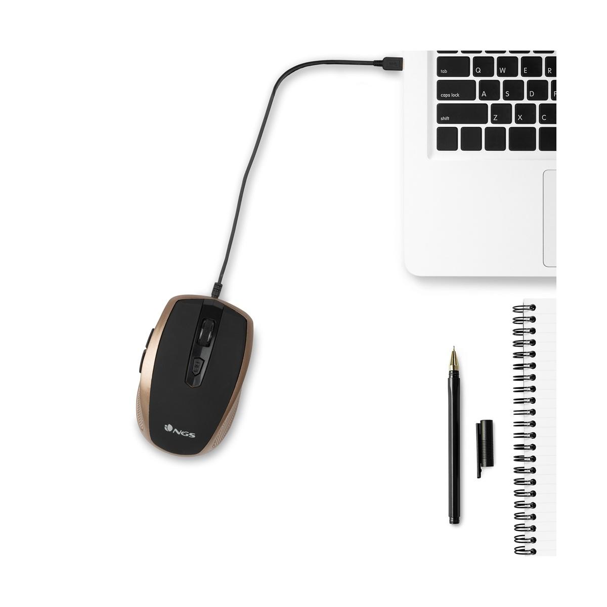 NGS Tick Mouse USB 1600 dpi - 5 pulsanti - Uso con la mano destra - Colore oro / nero