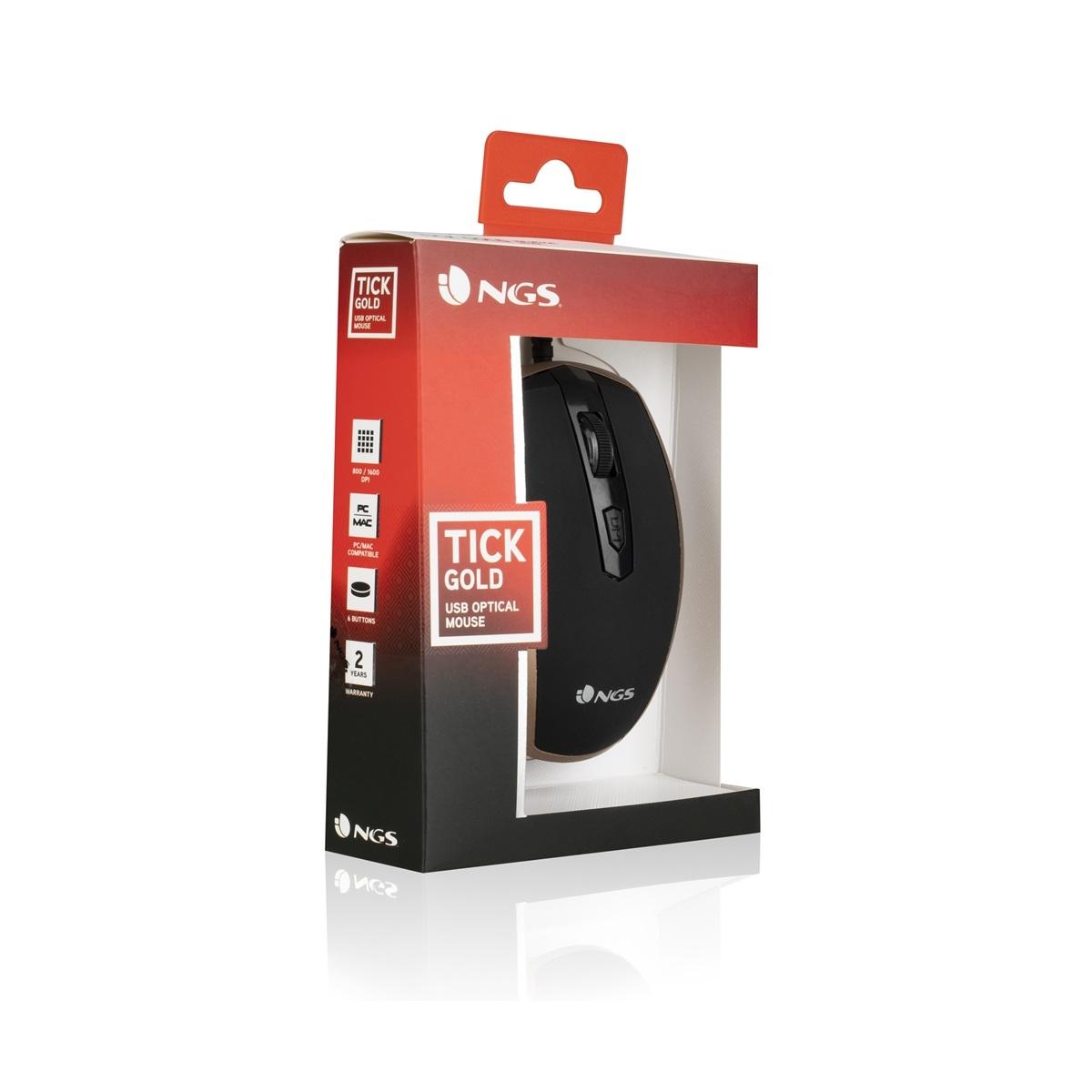 NGS Tick Mouse USB 1600 dpi - 5 pulsanti - Uso con la mano destra - Colore oro / nero