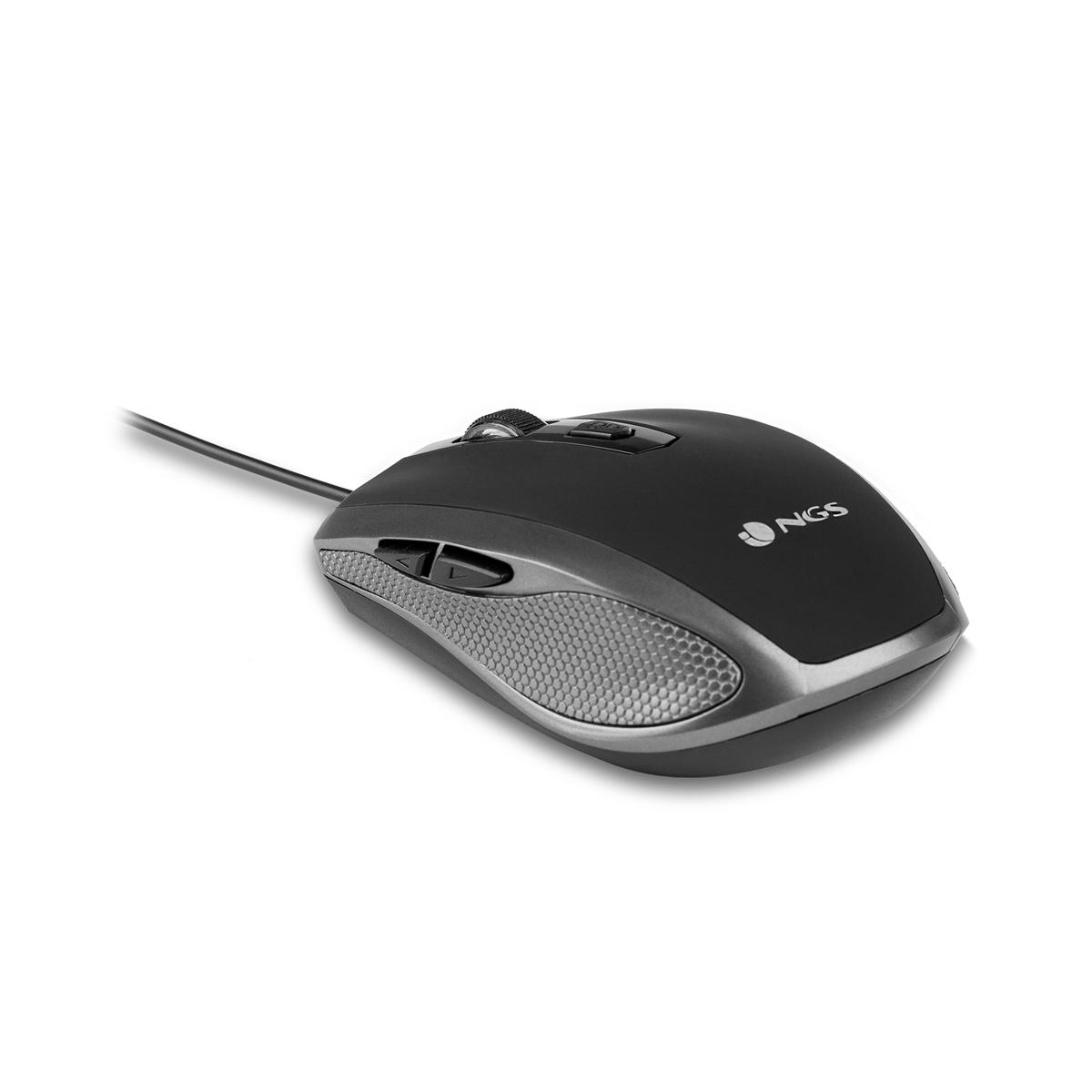 NGS Tick Mouse USB 1600 dpi - 5 pulsanti - Uso con la mano destra - Colore argento/nero