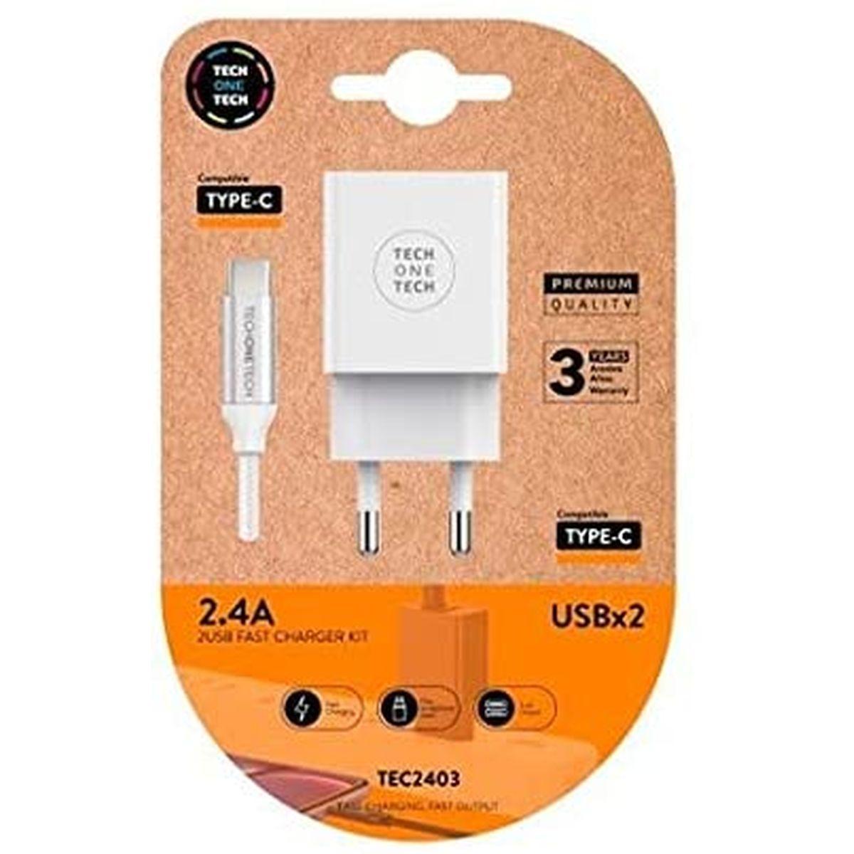 TechOneTech Caricabatterie a doppia parete + 1 m di cavo da USB-A a USB-C - Rivestito con nylon intrecciato