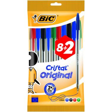 Cf da 10 penne a sfera Bic Cristal Original - Punta tonda da 1,0 mm - Colori assortiti