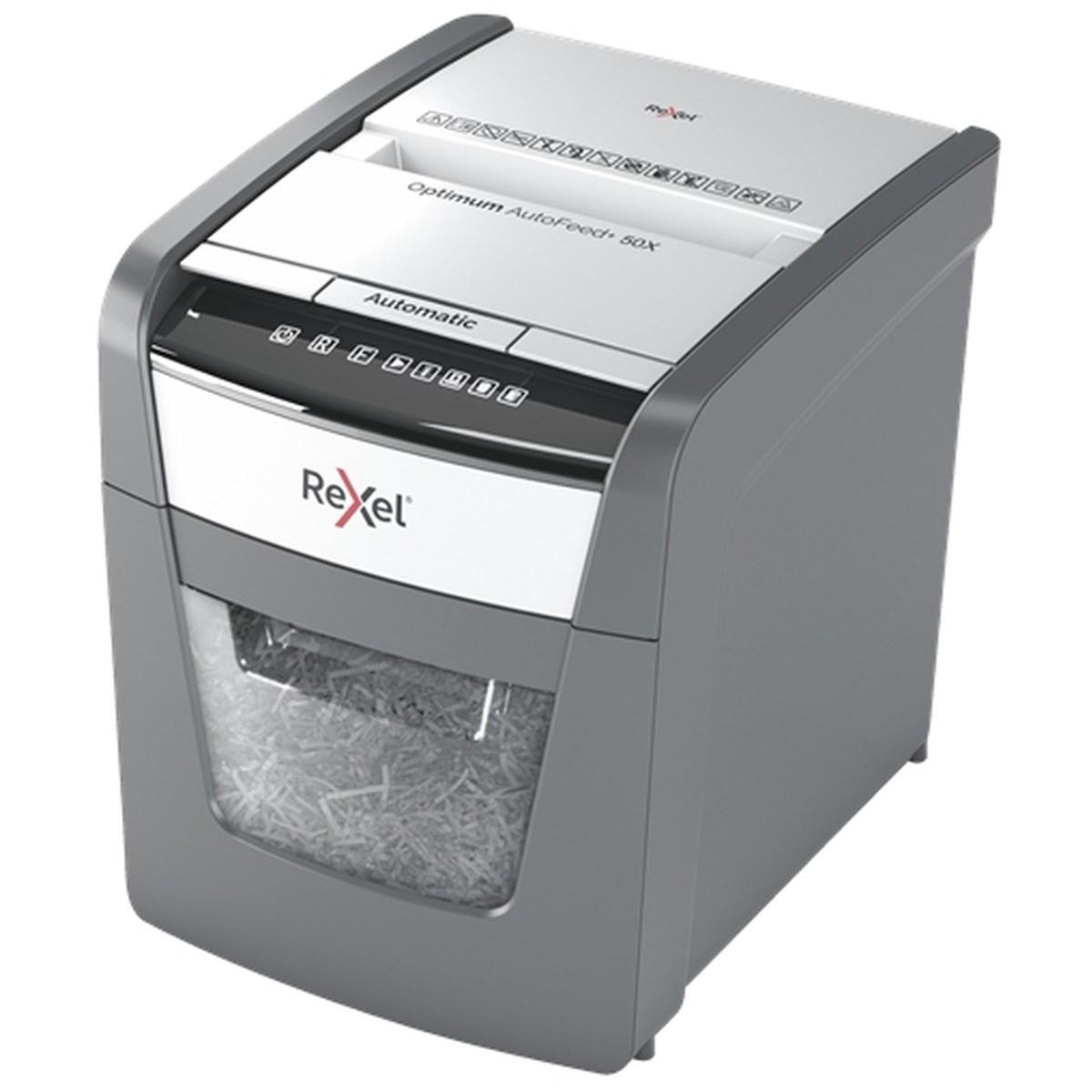 Rexel Optimum AutoFeed 50X Distruggi documenti con taglio automatico delle particelle - 20L - Alimentazione automatica da 50 fogli - Slot manuale da 6 fogli - Anti-inceppamento