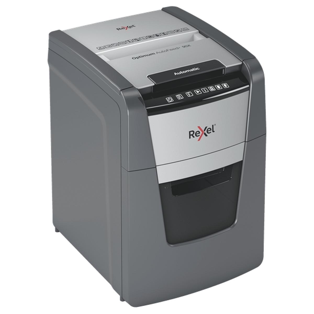 Rexel Optimum AutoFeed 90X Distruggi documenti con taglio automatico delle particelle - 35L - Alimentazione automatica da 90 fogli - Slot manuale da 8 fogli - Anti-inceppamento
