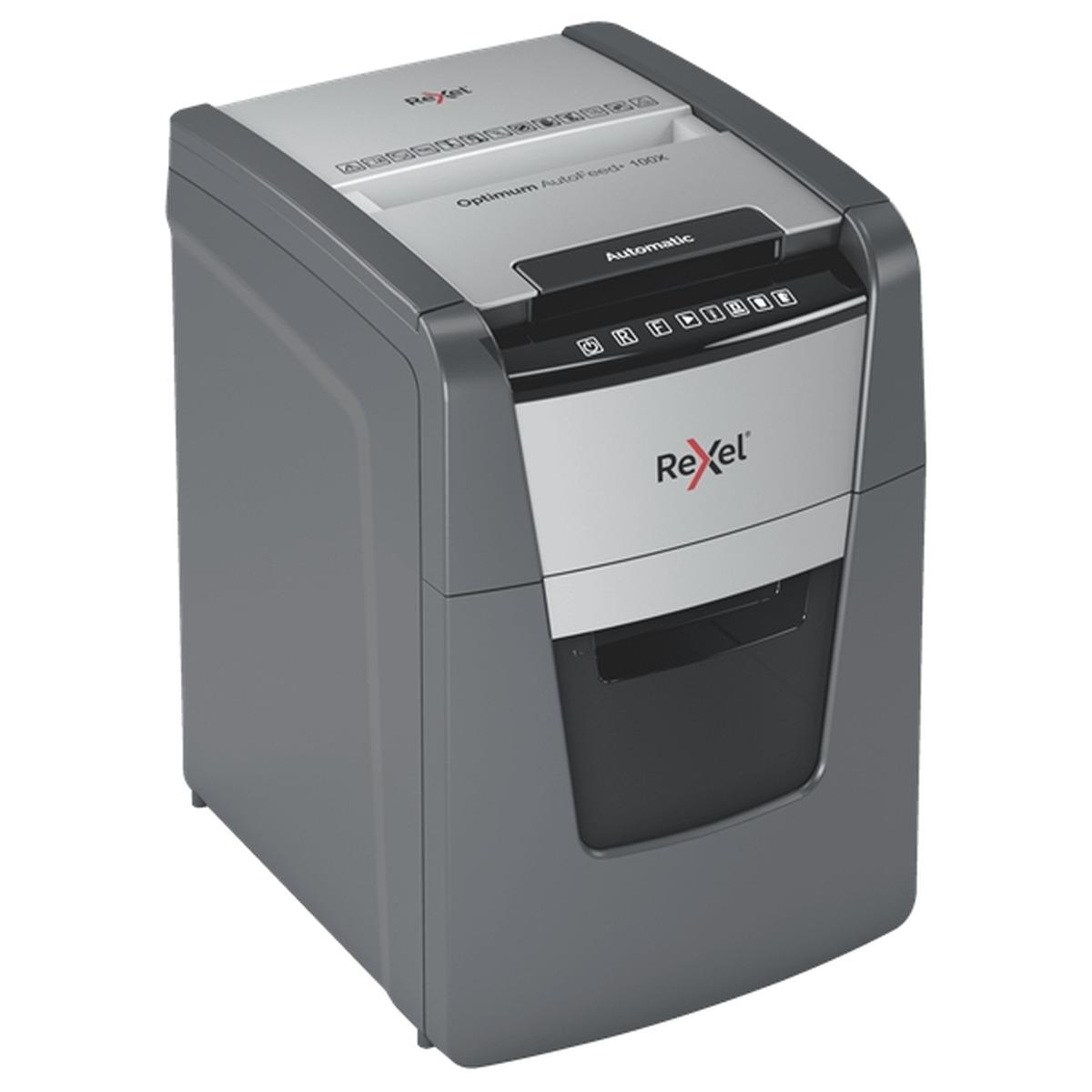 Rexel Optimum AutoFeed 100X Distruggi documenti con taglio automatico delle particelle - 34L - Alimentazione automatica da 100 fogli - Slot manuale da 8 fogli - Anti-inceppamento