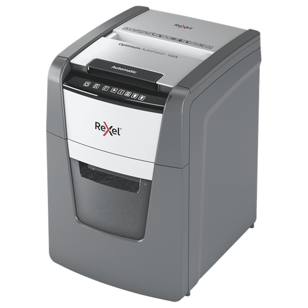 Rexel Optimum AutoFeed 100X Distruggi documenti con taglio automatico delle particelle - 34L - Alimentazione automatica da 100 fogli - Slot manuale da 8 fogli - Anti-inceppamento