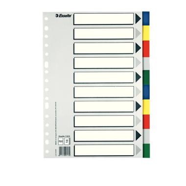 Esselte 713 Busta da 10 Divisori in Plastica - 10 Schede / 10 Colori - Multiforo - Formato A4